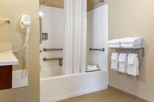 a bathroom with a tub and a shower with towels at Comfort Suites Lancaster Amish Country in Lancaster