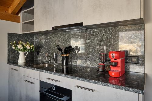 a kitchen with a counter top with a red appliance at Chesa Madrisa in St. Moritz