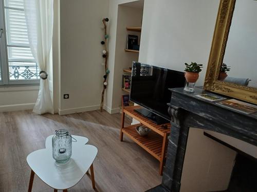 un salon avec une cheminée et une télévision dans l'établissement Appartement T2 50m2 Site remarquable, à Lons-le-Saunier