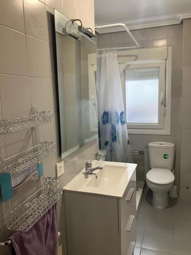 a bathroom with a sink and a toilet and a mirror at Virgen del Rio in Pamplona