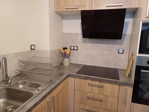 une cuisine avec un évier et un micro-ondes dans l'établissement Appartement T2 50m2 Site remarquable, à Lons-le-Saunier