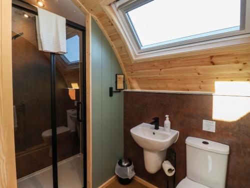 La salle de bains est pourvue de toilettes, d'un lavabo et d'une lucarne. dans l'établissement Woodpecker, à Carnforth