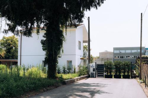 a white building with a tree next to a street at Sleep & Fly Villa Luisa in Case Nuove