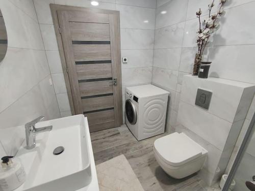 een badkamer met toilet en wasmachine bij Kaunas Castle Apartment in Kaunas