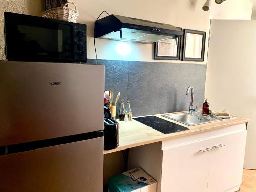 a small kitchen with a refrigerator and a sink at Appartement EMMA Quartier historique à 400m de la mer in Saint-Raphaël