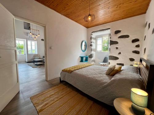 a bedroom with a large bed in a room at AZ Solar Cottage and Secret Garden in São Vicente Ferreira