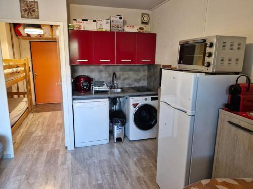 Il comprend une cuisine équipée d'un réfrigérateur et d'un lave-linge/sèche-linge. dans l'établissement Appartement au pied des pistes, à La Joue du Loup