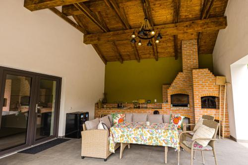 a living room with a couch and a fireplace at IoanaGuestHouse in Turda