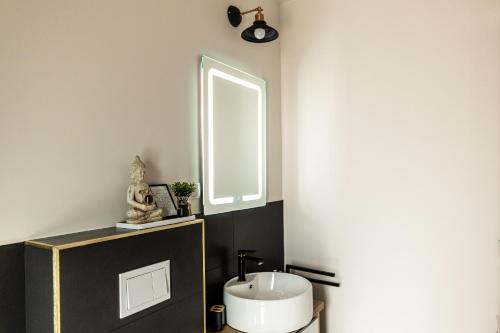 a bathroom with a sink and a mirror at IoanaGuestHouse in Turda