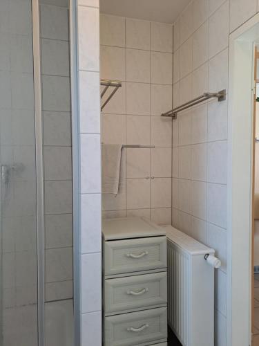 a white bathroom with a shower and a white cabinet at Ferienhaus Lara in Katzow