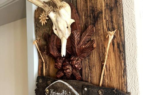 a wooden wall with a skull and a deer head on it at Ferienwohnung Die Möll in Latzendorf