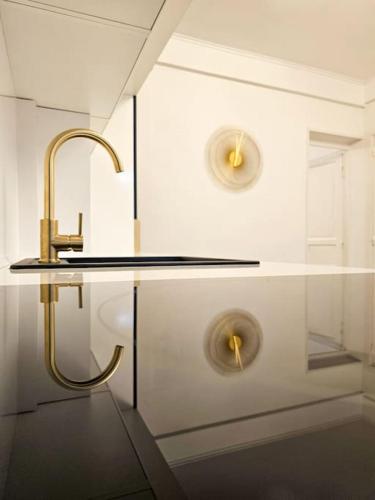 La salle de bains est pourvue d'un lavabo et d'un robinet en or. dans l'établissement Appartement 2 étoiles cosy et chic à Vaires sur Marne Entre disney et Paris, à Vaires-sur-Marne