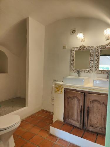 une salle de bain avec toilettes, lavabo et miroir dans l'établissement Les Tilleuls, à Olmi-Cappella