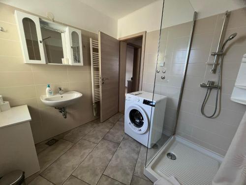 a bathroom with a washing machine and a sink at Villa Ivanka in Koper
