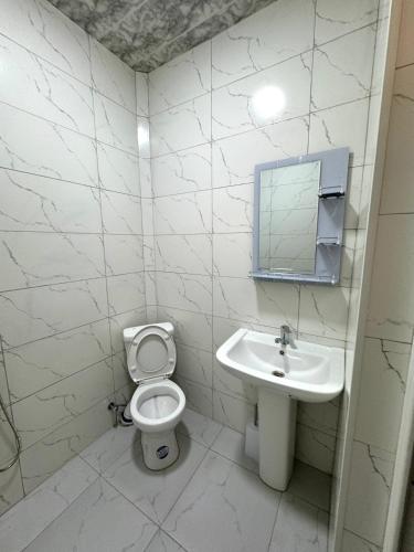 a bathroom with a toilet and a sink at Evergreen Surami Hotel in Surami