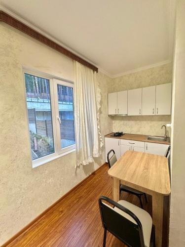 a kitchen with a table and chairs in a room at Evergreen Surami Hotel in Surami