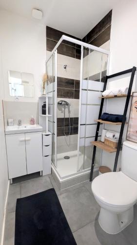 une salle de bain avec une douche, des toilettes et un lavabo dans l'établissement Studio *Sérénité*, à Villejuif