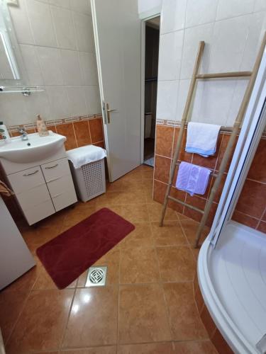 a bathroom with a shower and a sink and a toilet at Vendégház in Udvar
