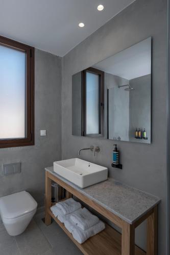 a bathroom with a sink and a toilet and a mirror at Anima Residence in Nea Roda