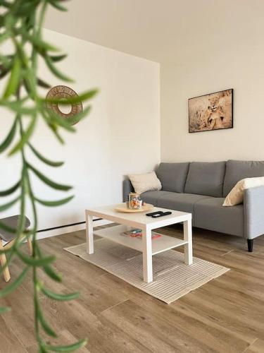 un salon avec un canapé et une table basse dans l'établissement Le Lumineux - T3 63m2 - Gare proche - Boisson chaude, à Le Mée-sur-Seine