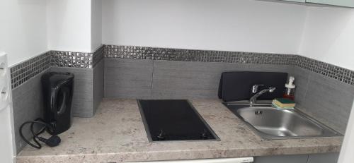 une cuisine avec un évier et un plan de travail dans l'établissement Studio place Roger Levanneur, à Montmorency