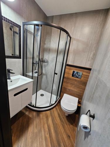 a bathroom with a shower and a toilet and a sink at "Zacisze" in Zgierz
