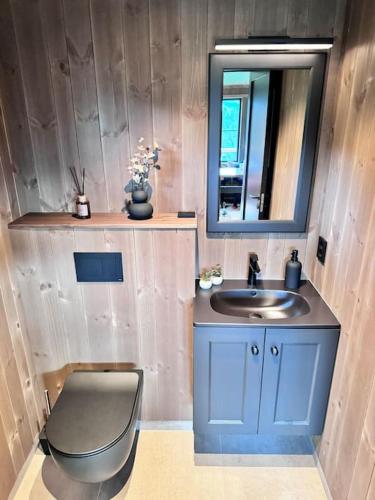 a bathroom with a sink and a mirror at Fjellgla tretopphytte in Holo
