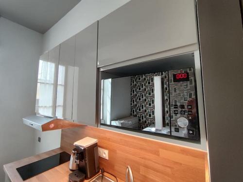une cuisine avec un comptoir avec un micro-ondes dans l'établissement Appartement 1er étage sur cour aux Chartrons, à Bordeaux