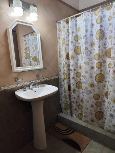 a bathroom with a sink and a shower curtain at La Villarense in Buenos Aires