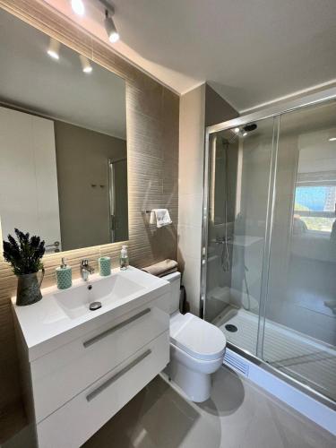 a bathroom with a sink and a toilet and a shower at Soñado depto 2d/2b en Con Con in Concón