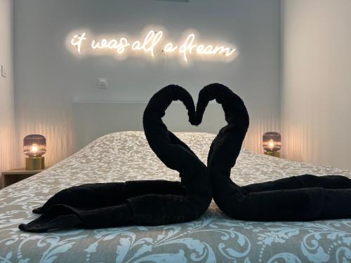 dos cisnes negros sentados sobre una cama en Appartement avec cour à côté de la plage, en Palavas-les-Flots