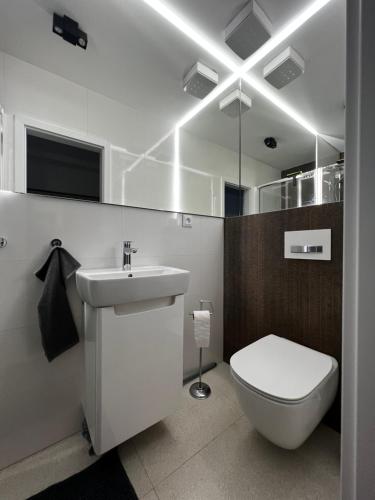 Un baño con un inodoro blanco y un lavabo. en Lovely apartment in the city centre, en Bratislava