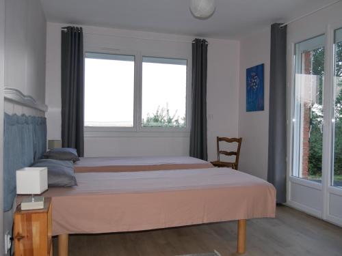 a bedroom with a large bed and two windows at Villa Horizon in Châtel-Guyon