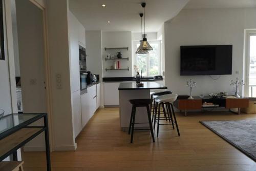 une cuisine et un salon avec une table et des chaises dans l'établissement Best of the best in Cannes with a beautiful view, à Cannes