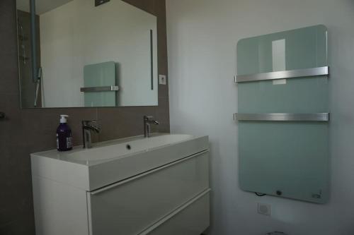 une salle de bain avec un lavabo blanc et un miroir dans l'établissement Best of the best in Cannes with a beautiful view, à Cannes