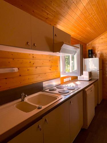 une cuisine avec un évier et un plan de travail dans l'établissement Camping Onlycamp L'Orée d'Alsace, à Wasselonne