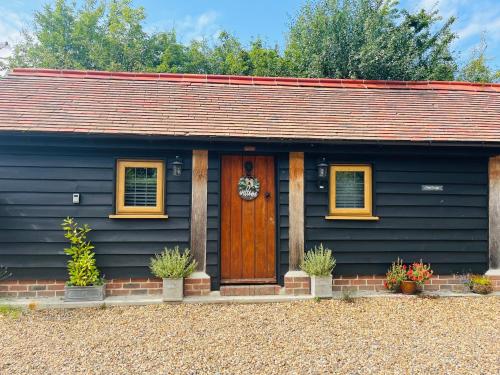 a blue house with a wooden door and potted plants at The Lodge in Little Clacton