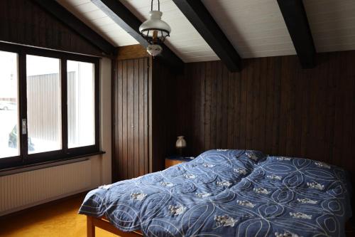 Les Hauts-GeneveysにあるVilla avec vue sur la valléeのベッドルーム1室(青い掛け布団、窓付)