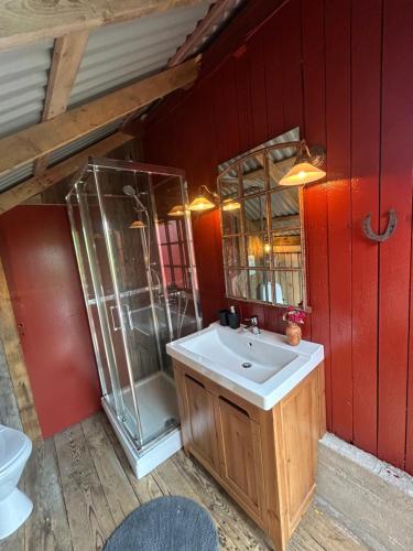 a bathroom with a sink and a shower at Glamping on idyllic lake, paddle boards & rowboat in Porsgrunn