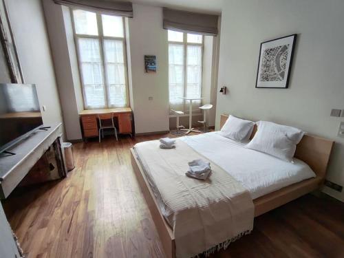 - une chambre avec un grand lit dans une pièce dotée de fenêtres dans l'établissement Studio cosy quartier Chartrons étage 1, à Bordeaux