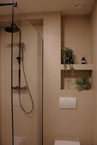 a bathroom with a shower with a toilet and a sink at PaMar Downtown Apartments in Split