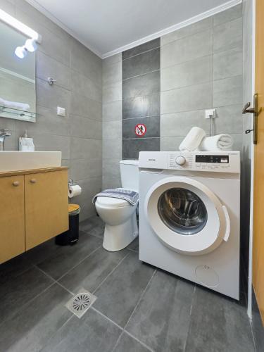 a bathroom with a washing machine and a toilet at Blue Boutique Apts in Amoudara Herakliou