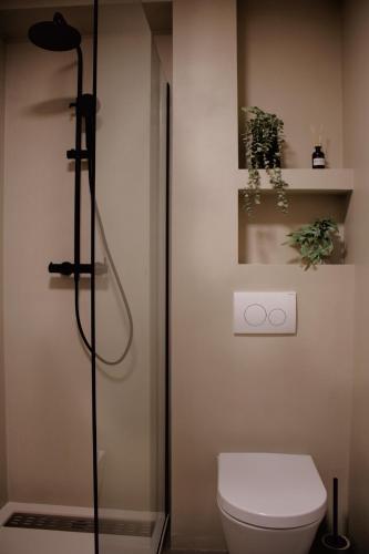 a bathroom with a white toilet and a shower at PaMar Downtown Apartments in Split