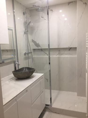 La salle de bains est pourvue d'une douche en verre avec un bol. dans l'établissement Beautiful contemporary and cosy flat in Paris, à Boulogne-Billancourt