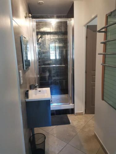 une salle de bain avec douche et lavabo dans l'établissement Chambre d'Hôtes dans Villa - La Londe Les Maures - Résidence d'Artiste 