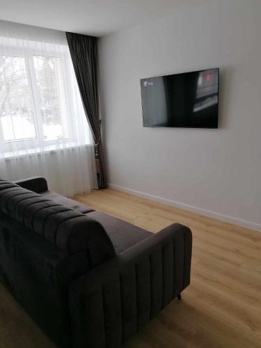 a living room with a couch and a flat screen tv at Svečių namai Telšiuose in Telšiai