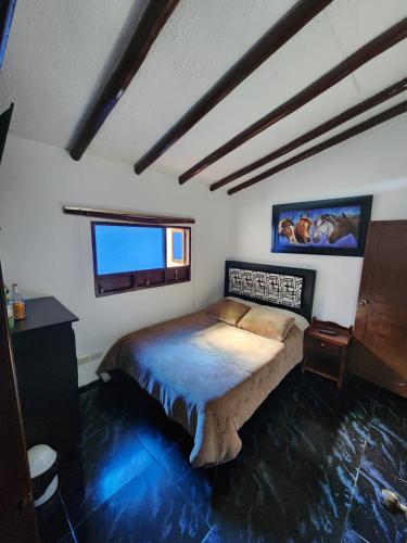 a bedroom with a bed and a large window at HOSPEDAJE DE GUATAVITA in Guatavita