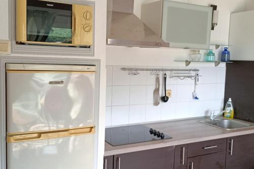 a kitchen with a refrigerator and a sink at Studio près de la mer et marina in Gourbeyre