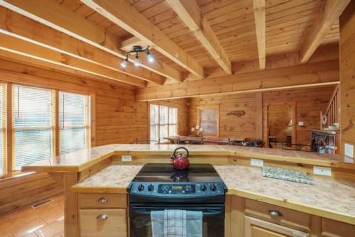 - une cuisine dotée de murs en bois et d'un four avec plaques de cuisson dans l'établissement Hidden Gem Cottage, à Blowing Rock