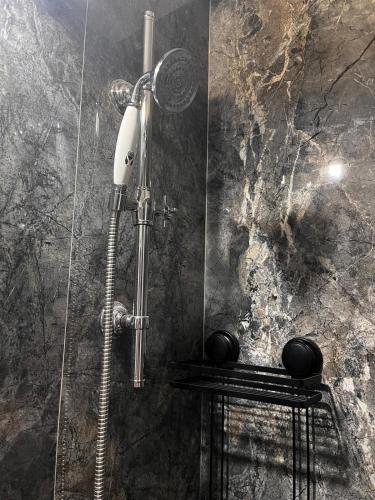 a shower with a shower head on a wall at Mimosa Studio in Cluj-Napoca